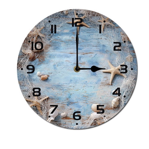 ZXCXRQFa Beach Seashells Starfishes Wood Wall Clock Silent Non-Ticking Kitchen Desk Clock Battery Operated Analog Decorative Round Clocks 10 in Garden Home Decor