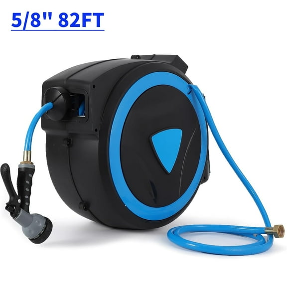 Garvee Retractable Garden Hose Reel | 5/8" x 82 Ft | Wall Mounted Hose Reel | 9-Pattern Nozzle | Any Length Lock | Auto-Rewind Slow Return System | 180°Swivel Bracket