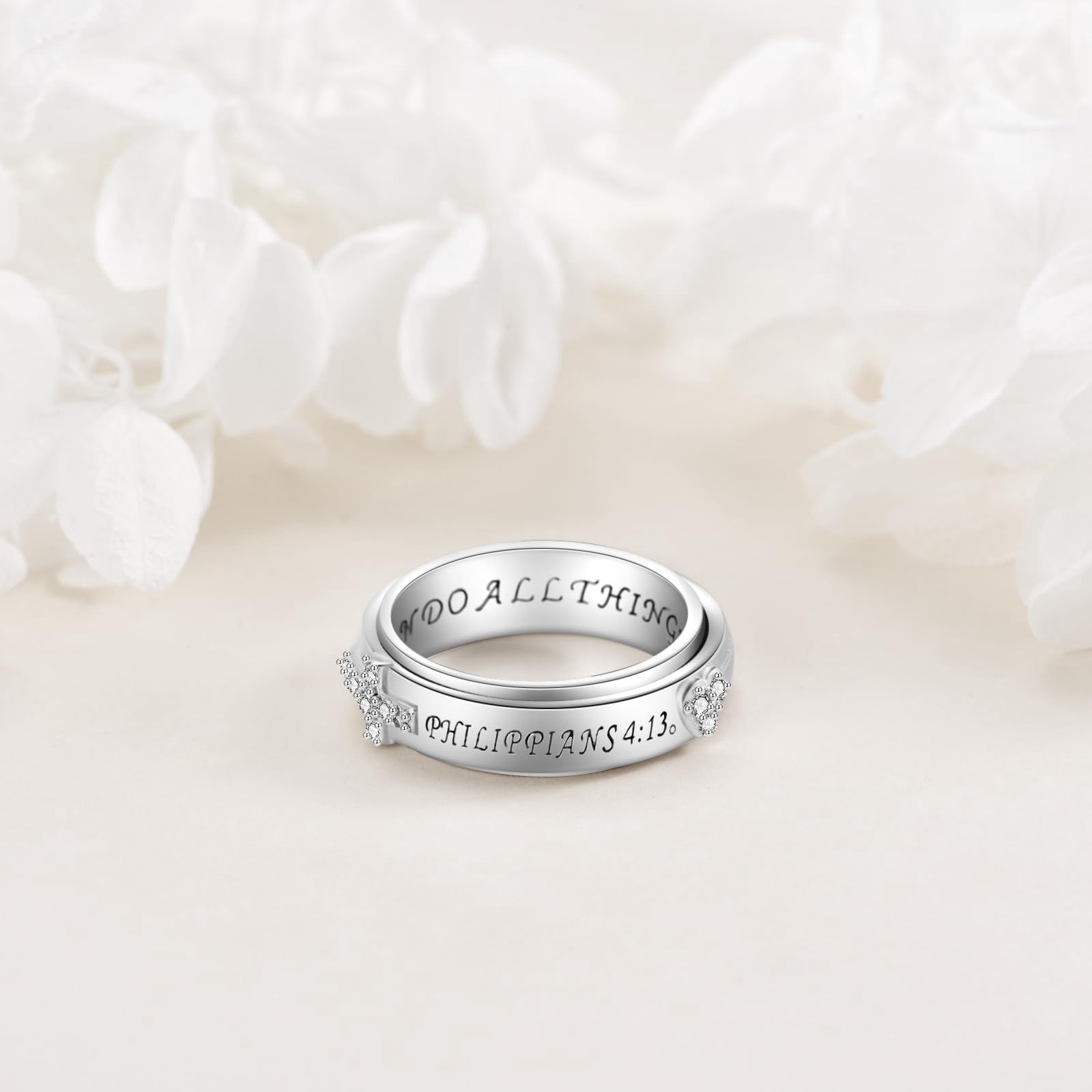 YAFEINI 925 Sterling Silver Anxiety Fidget Spinner Ring Cross Heart Engraved Ring Zircon Jewelry Gift for Women Men #7