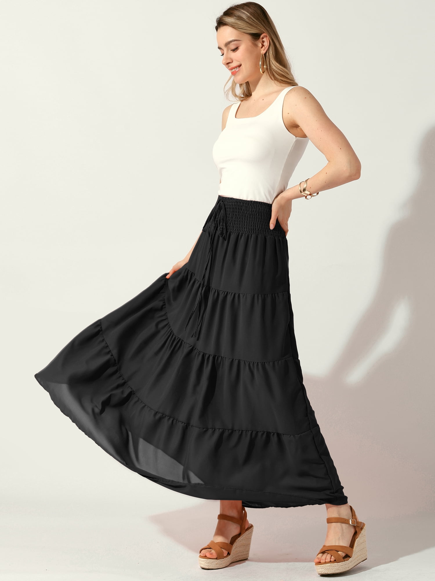 DARING DIVA Women Elastic Waist Tiered Smocked Flowy Maxi Skirt L Black