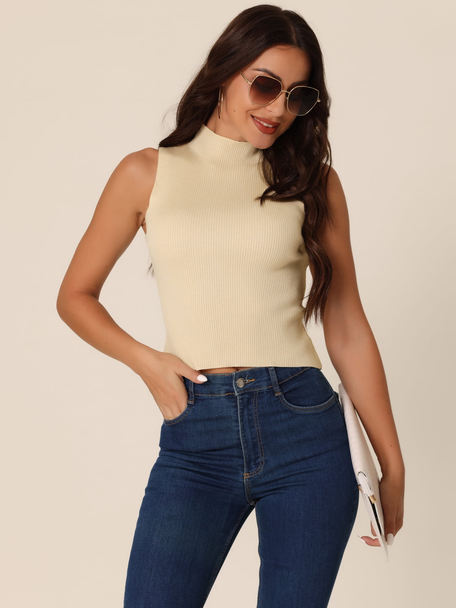Unique Bargains Women's Mock Neck Knit Sweater Vest Sleeveless Trendy Ribbed Tank Tops M Beige