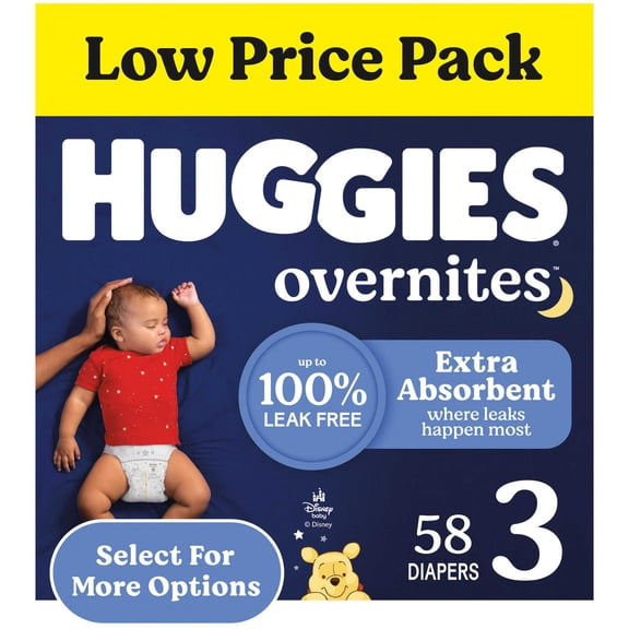 Huggies Overnites Nighttime Baby Diapers, Size 3 (16-28 lbs), 58 Ct (Select for More)