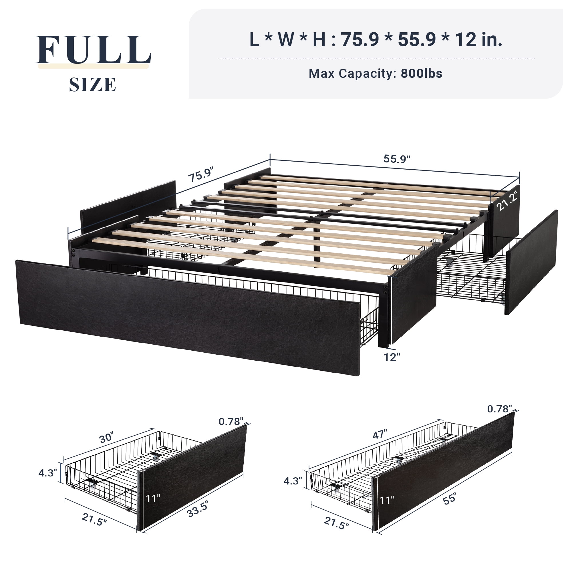 Allewie Queen Size Platform Bed Frame with 3 Storage Drawers, Fabric Upholstered, Dark Grey