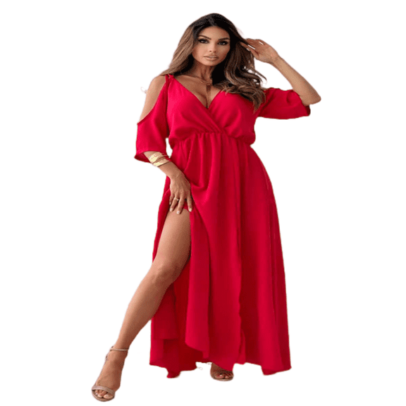 LYMAYTER Cold Shoulder Short Sleeve Dress for Women's Deep V-Neck High Waist Split Side Maxi Dress S-2XL
