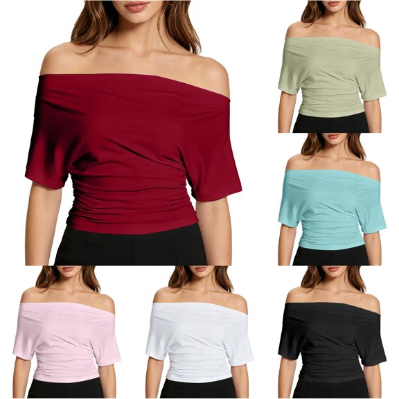 Rggeeun Women's T-Shirts Solid Color Off The Shoulder Square Neck Short Sleeve Loose Fit Soft Lightweight for Summer Beach Lounging Casual Tee,Red,L