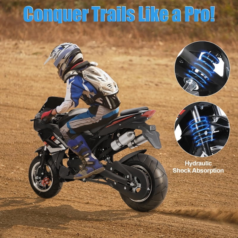 Floseru 49cc Kids Dirt Bike, 4-Stroke Gas Power Motocross, Dirt Bike for Kids, Off Road Mini Motorcycle, 8 Inch Wheel Mini Motorcycle, Gas Pocket Motorbike with Front Rear Disc Brakes