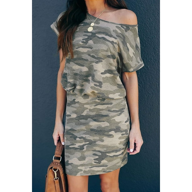 Women s One Shoulder Short Sleeve Camo Mini Dress Walmart