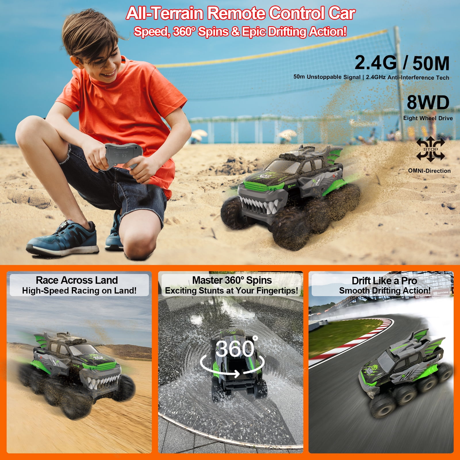 Amphibious Remote Control Car 8WD RC Monster Truck with 2 Rechargeable Batteries for Boys Age 8-12 Offroad Waterproof RC Pickup 2.4GHz All Terrain RC Drift Cars Beach Pool Toys Gifts for Kids Green