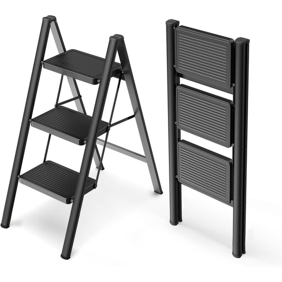 3 Step Ladder, Folding Step Stool with Wide Pedals, Compact Stepping Stool for Kitchen, Sturdy Steel Ladders with Anti-Slip Feet, Supports up to 330 lbs