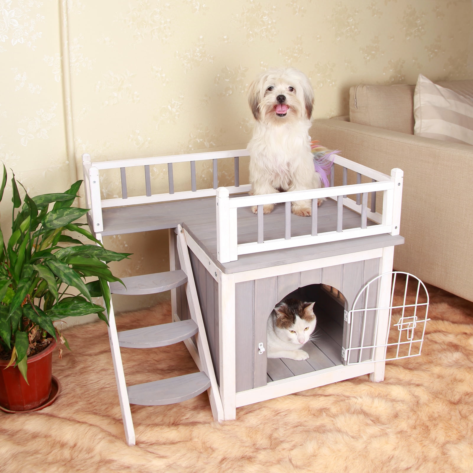 Petsfit 2-Story Indoor Outdoor Cat House with Balcony
