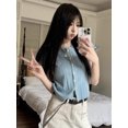 thumbnail image 2 of Camisetas de verano para mujer, estilo coreano, de un solo pecho, brillantes, con cuello redondo y mangas voladoras, ropa de calle sexy, combina con todo, sencillas, lisas, informales, nuevas, 2 of 6