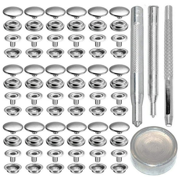 72 botones a presión de acero inoxidable de 15 mm para lona de barcos marinos con juego de herramientas perforadoras, color plata.