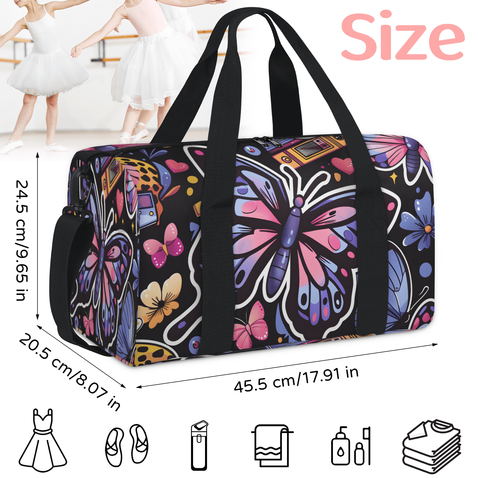 Herdesigns Butterfly Travel Duffle Bag Sports Yoga Weekender Overnight Carry on Workout Bags Lightweight Waterproof Gym Tote Bag for Women Butterflies