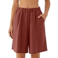 thumbnail image 2 of YVNAURA Women's High Waisted Wide Leg Shorts with Pockets, Loose Fit Cotton Blend Drawstring Elastic Waist Pull On Casual Summer Shorts for Beach Vacation Lounge Daily Wear,Brick Red,XXXXXXL, 2 of 4
