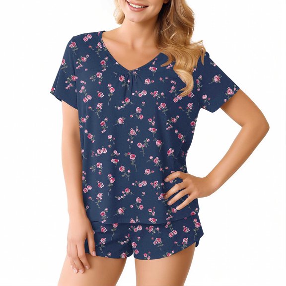 Women's Pajamas Sets Short Sleeve Lounge Sets Sleepwear Floral T-Shirts Shorts Casual Two Piece Pjs Set, M