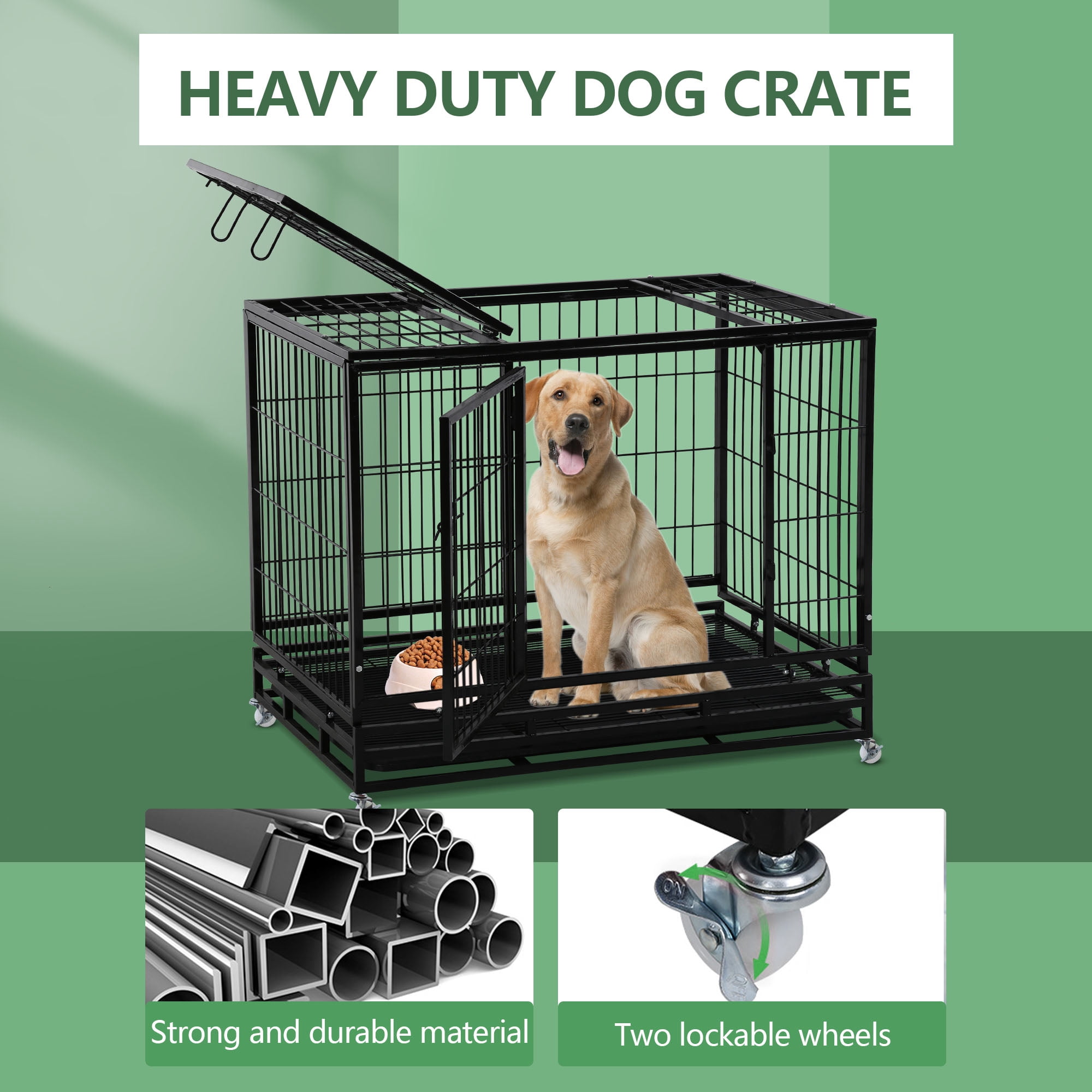 CL.HPAHKL 42 Inch Dog Crate, Heavy Duty Dog Kennel with Lockable Wheels Wire Dog Crate with Double-Door,Divider Panel, Removable Tray Indestructible Dog Crates Dog Cage for Large Medium Dogs, Black