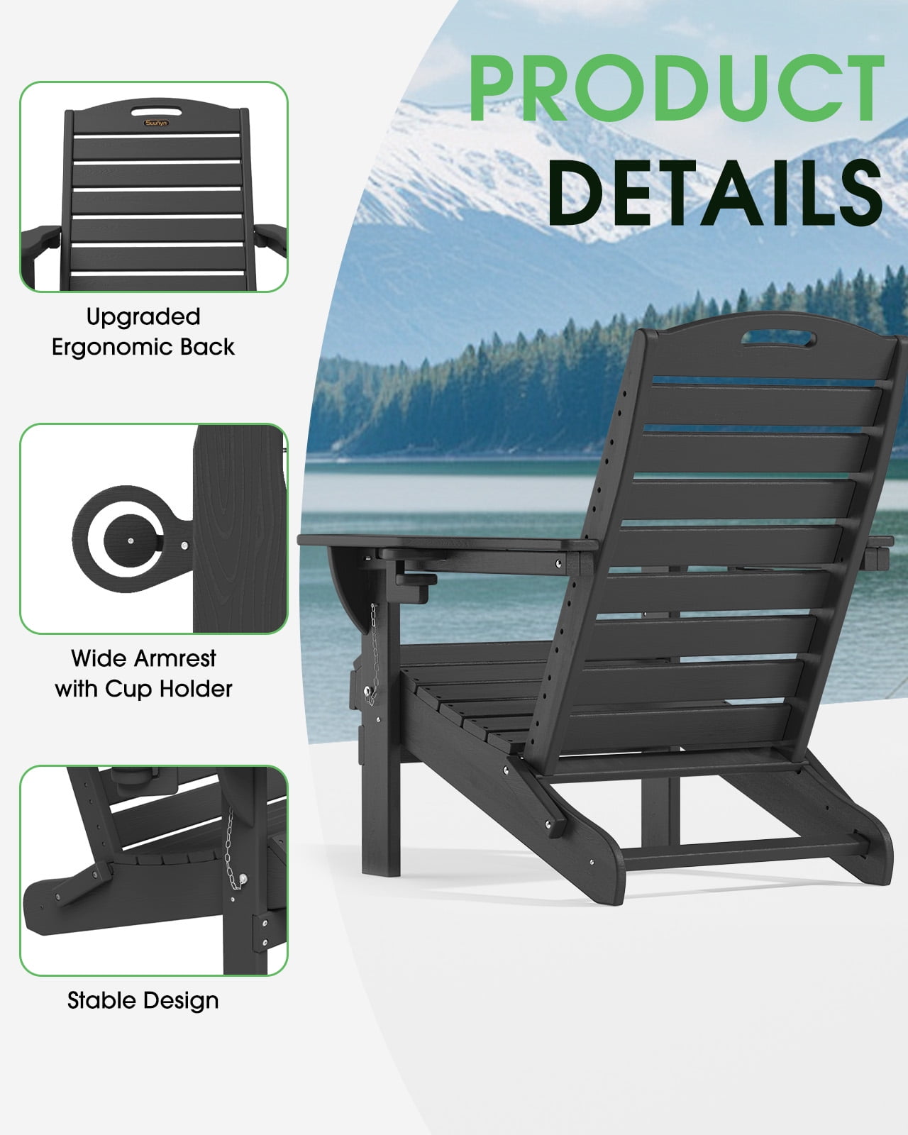 Folding HDPE Adirondack Chair, Weather Resistant Outdoor Fire Pit Patio Chair, Black