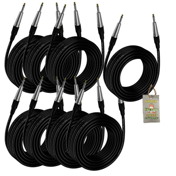 Guitar Cables (8 Pack) Instrument Cord by Fat Toad 24GA Patch Conductor for Electric or Acoustic Guitar, Bass, Pedals, Keyboards, Speakers, Amplifiers Shielded 20FT Quarter Inch Gold Jack Wires