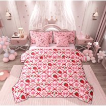 Manfei Girly Pink Bow-tie Bedding Comforter Set 7-Piece, Cartoon Fruit Strawberry King Bedding Sets, Kawaii Floral Reversible Bed Sheets, Super Cozy Room Decor