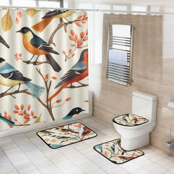 4 Pcs Different Cute Birds on Branch Bathroom Shower Curtain Set with 12 Hooks Bath Mat Toilet Lid Cover