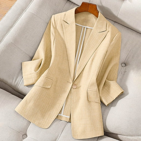 Abomasnow Women's 3/4 Sleeve Linen Blazer 2025 Summer Lightweight Fully-Lined Lapel Button Casual Work Jacket Pockets