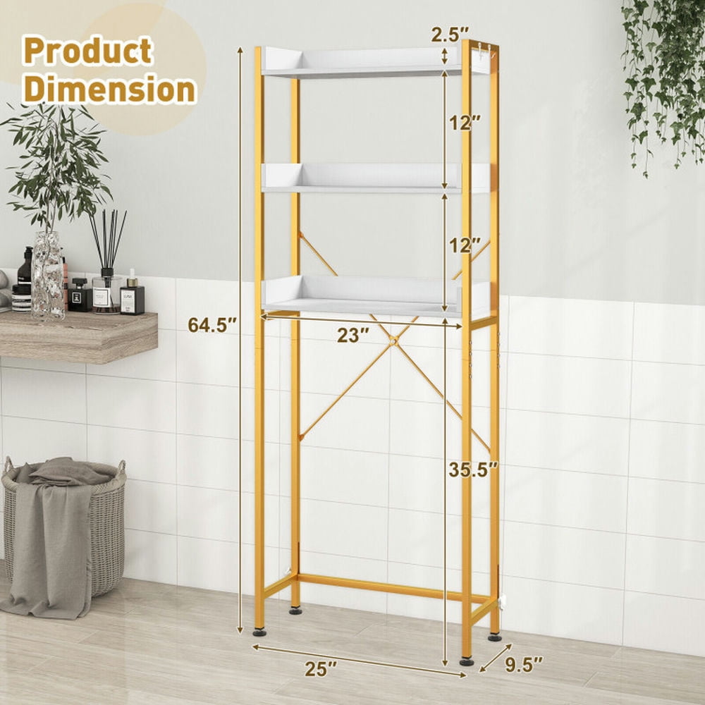Finihen Toilet Storage Rack, Toilet Storage Shelf, Over The Toilet Storage Rack with Hooks and Adjustable Bottom Bar, for Bathroom, White
