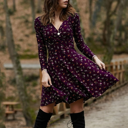 

sebulube Women V Neck Manches Long Sleeve Robe Female Retro Elegant Party Culb Dress