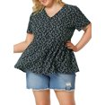 thumbnail image 1 of Women's Plus Size V Neck Ruffle Hem Short Sleeve Cinched Waist Floral Peplum Top Navy 4X, 1 of 7