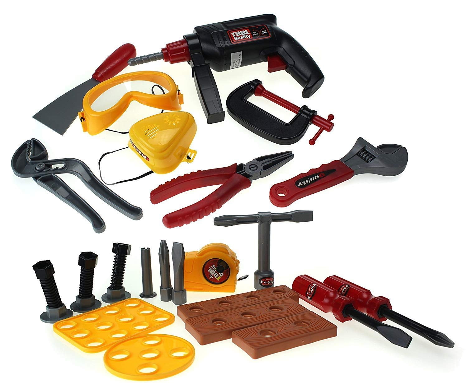 Toy Deluxe Construction Tool Set w/ Rotating Toy Drill, Tools, Mask, Goggles, Bolts, & Measuring