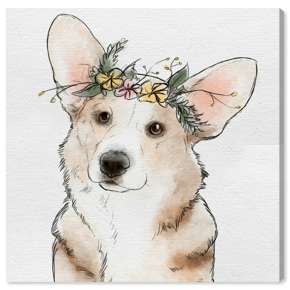 Runway Avenue Animals Wall Art Canvas Prints 'Floral Crown Corgi' Home Décor, 12" x 12", White, Brown