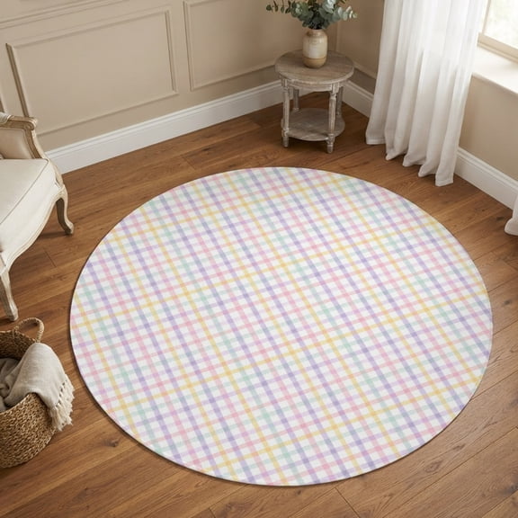 Round Area Rugs 4Ft, Purple Checkered Non-Slip Washable Circle Rugs Carpet, Farmhouse Art Buffalo Indoor Outdoor Rug Floor Mats Throw Runner for Bedroom Living Room Bathroom