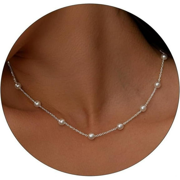 Pearl Necklace For Women, Dainty 14K Gold/Silver Plated Pearl Necklace Simple White Pearls Choker Necklace Cute Pearl Thin Chain Necklace Elegant Tiny Small Faux Pearl Necklaces Women Weddin[o1278]