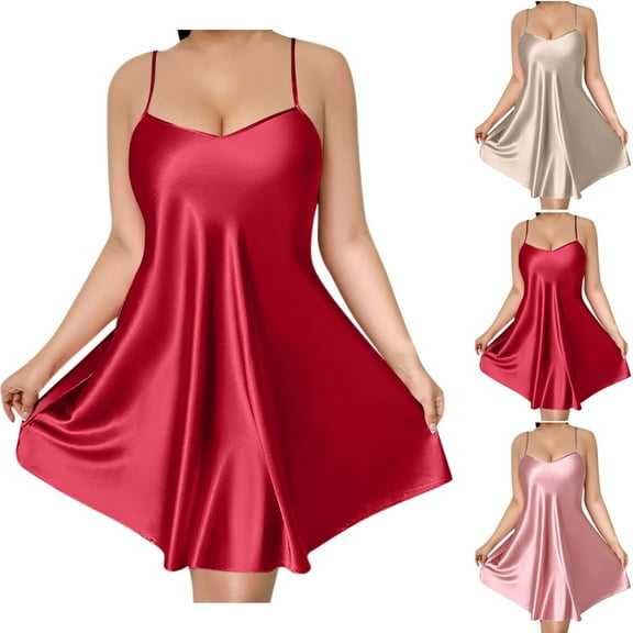 Feancey Plus Size Satin Nightgowns for Women Spaghetti Strap Sweetheart Neck Mini Dresses Silky Soft Sleepwear Cozy Nightdress Red XL