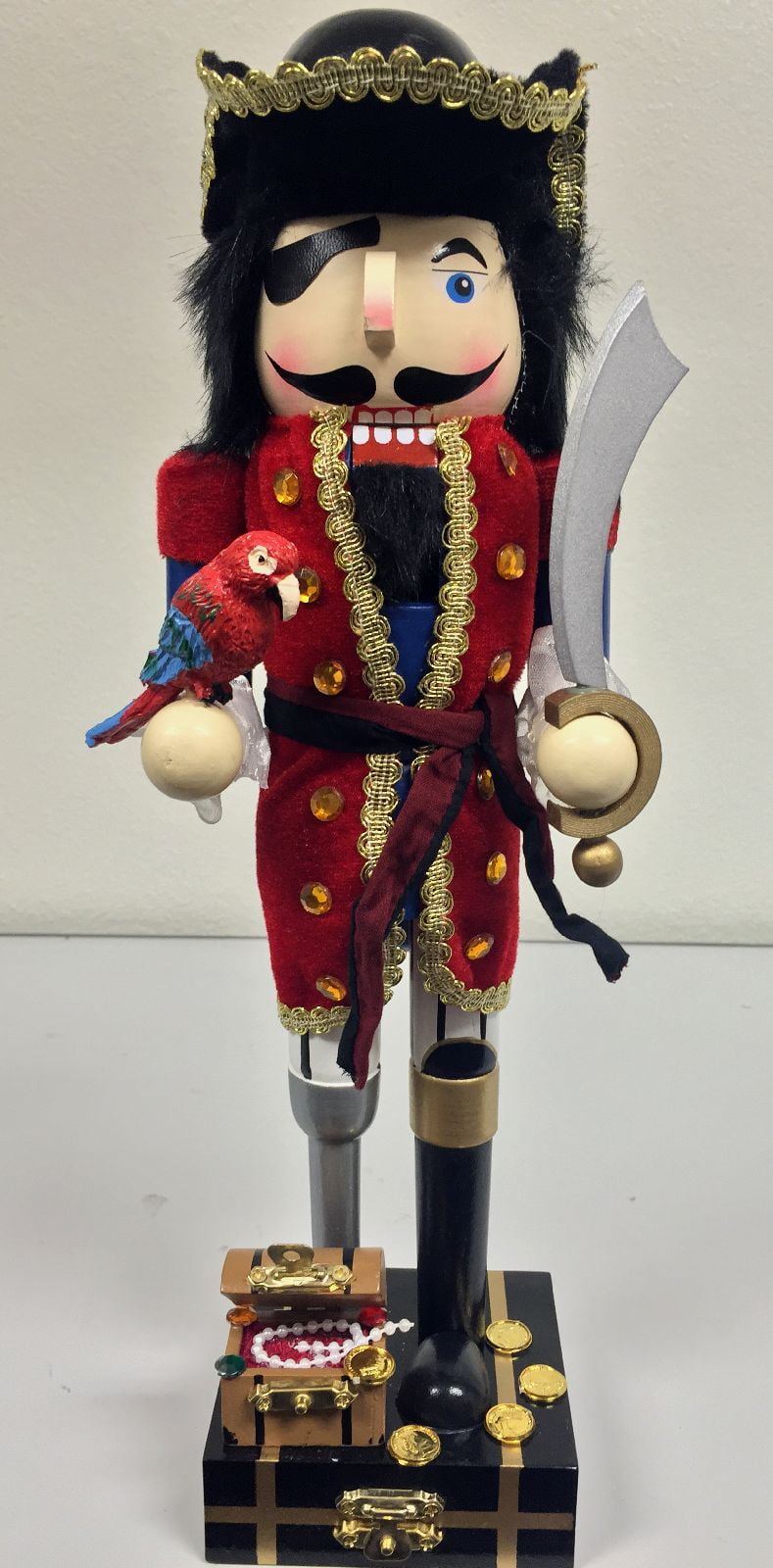 Pirate with Parrot and Treasure Chest Wooden Christmas Nutcracker 14