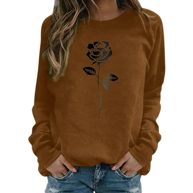 HNMKIU Chandail en Molleton Col Rond Femme Imprimé Col Rond Ajusté Chandail Décontracté Manches Longues Chemises d'Entraînement Blouse Ample