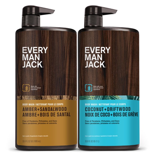 Gel de baño Every Man Jack Coconut + Driftwood & Amber, 1 litro, paquete de 2