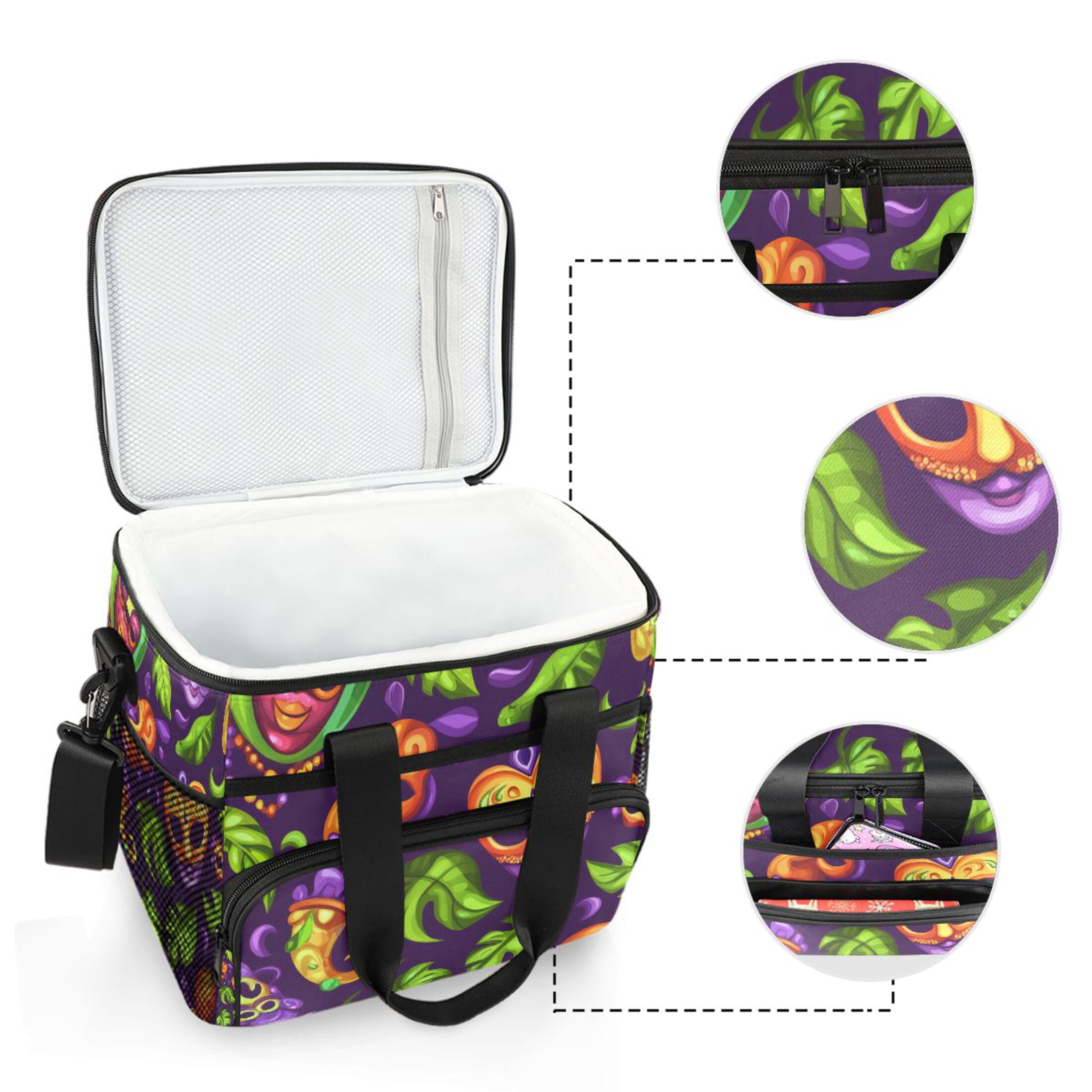 Colorful Mardi Gras Pattern Insulated Lunch Bag 15L Cooler Box for Women Men Work Camping Beach Travel