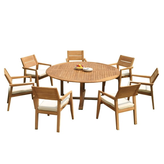 Grade-A Teak Dining Set: 7 Seater 8 Pc: 72" Round Table And 7 Vellore Stacking Arm Chairs Outdoor Patio WholesaleTeak #51VL1708