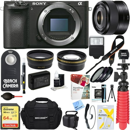 - Sony ILCE-6500 a6500 4K Mirrorless Camera Body with 35mm Prime Fixed Lens + 64GB SDXC Memory Card + 0.43x Wide Angle + 2.2x Telephoto Lens Converter + Camera Case + Memory Card Reader + Tripod+More