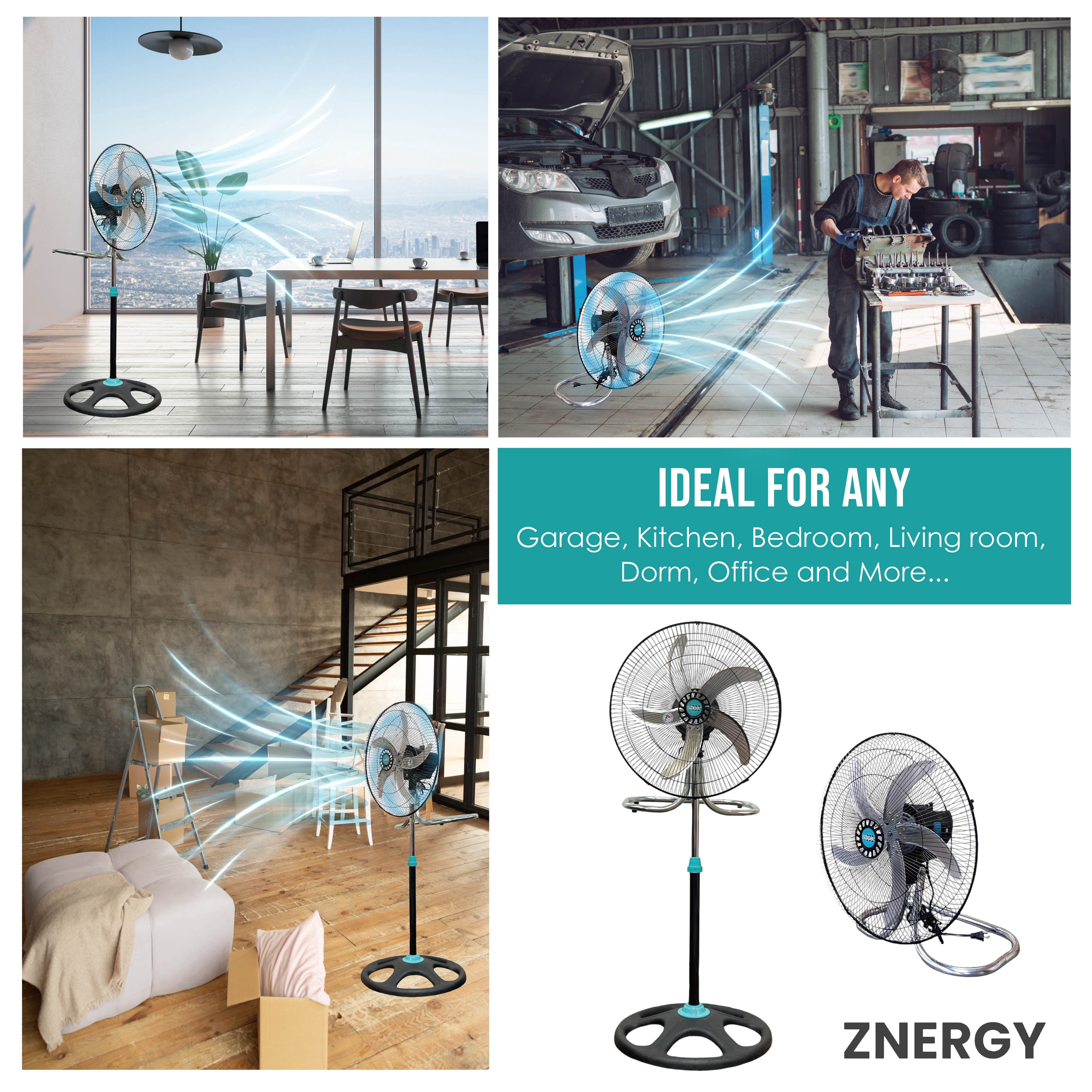 ZNERGY 2 PACK 18 Inch 2 in 1 Modern Industrial Floor And Stand Fans 3 Speeds Metal Blades Oscillation