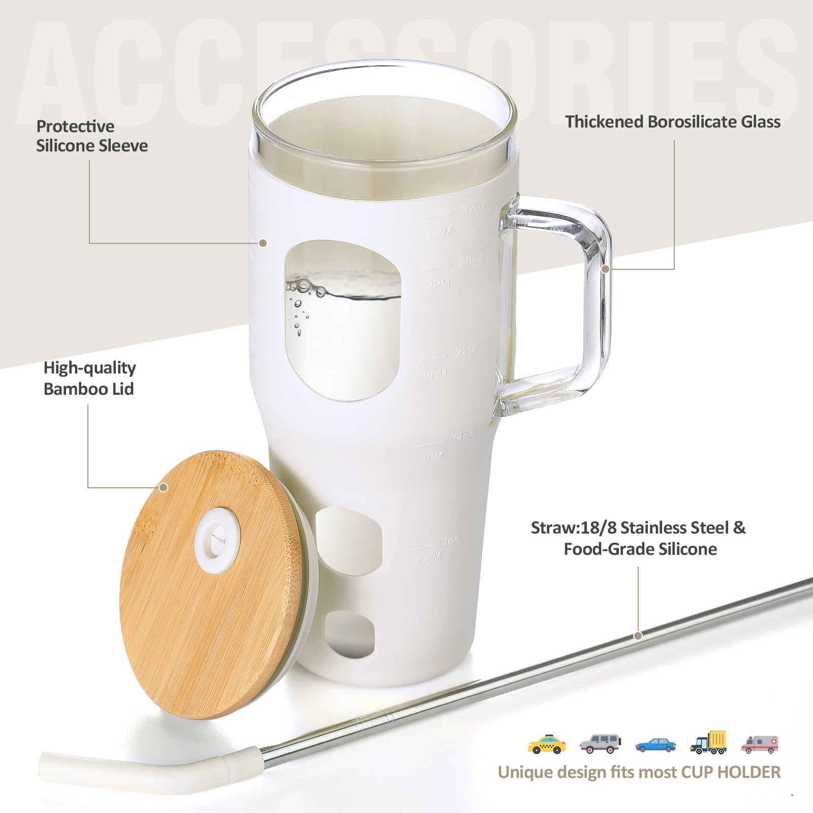 MUKOKO 32 oz Glass Tumbler , Glass Water Bottle with Capacity Marker and Silicone Sleeve, Iced Coffee Drinking Cup with Straw and Lid, Leakproof Suitable for Cup Holders, White