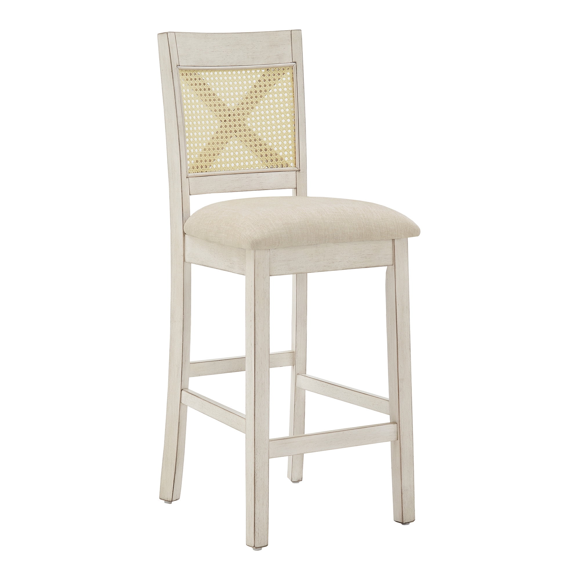 Weston Home Pulukan Cane Accent x-Back Counter Height Chair (Set of 2), Antique White Finish, Beige Linen