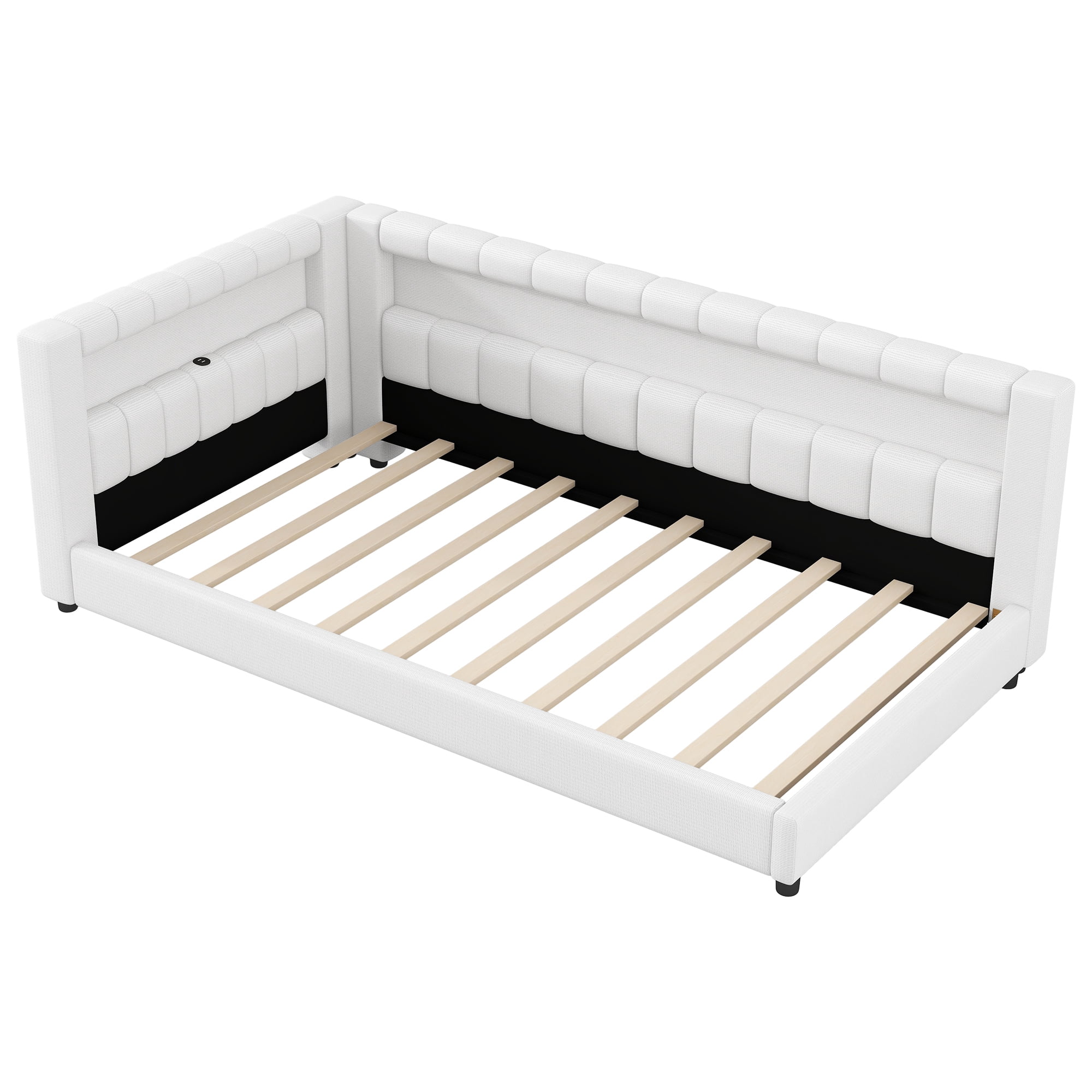 Euroco Upholstery Twin XL Platform Bed with LED Light and USB Ports, White