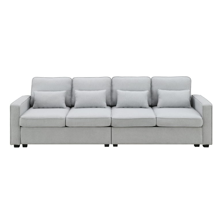 104L Upholstered Sofa,Modern 4-Seater Linen Fabric Sofa with Armrest  Pockets and 4 Pillows,Minimalist Style Living Room Sofa Comfy Sofa Couch  for