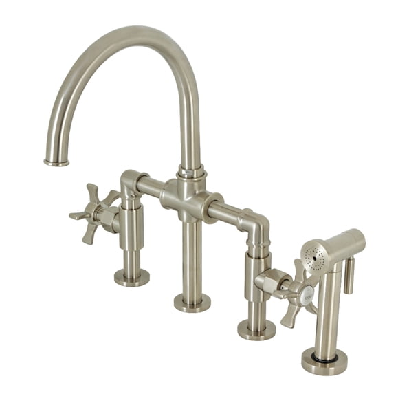 Kingston Brass KS2338NX Hamilton Two-Handle 4-Hole Deck Mount Industrial Style Bridge Kitchen Faucet with Brass Side Sprayer in Brushed Nickel