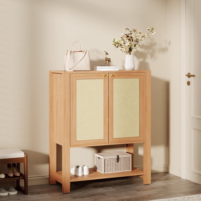 EDTara Freestanding 40-Inch Rattan Shoe Cabinet, Farmhouse Wooden Unit With Adjustable Shelves and Open Display Shelf
