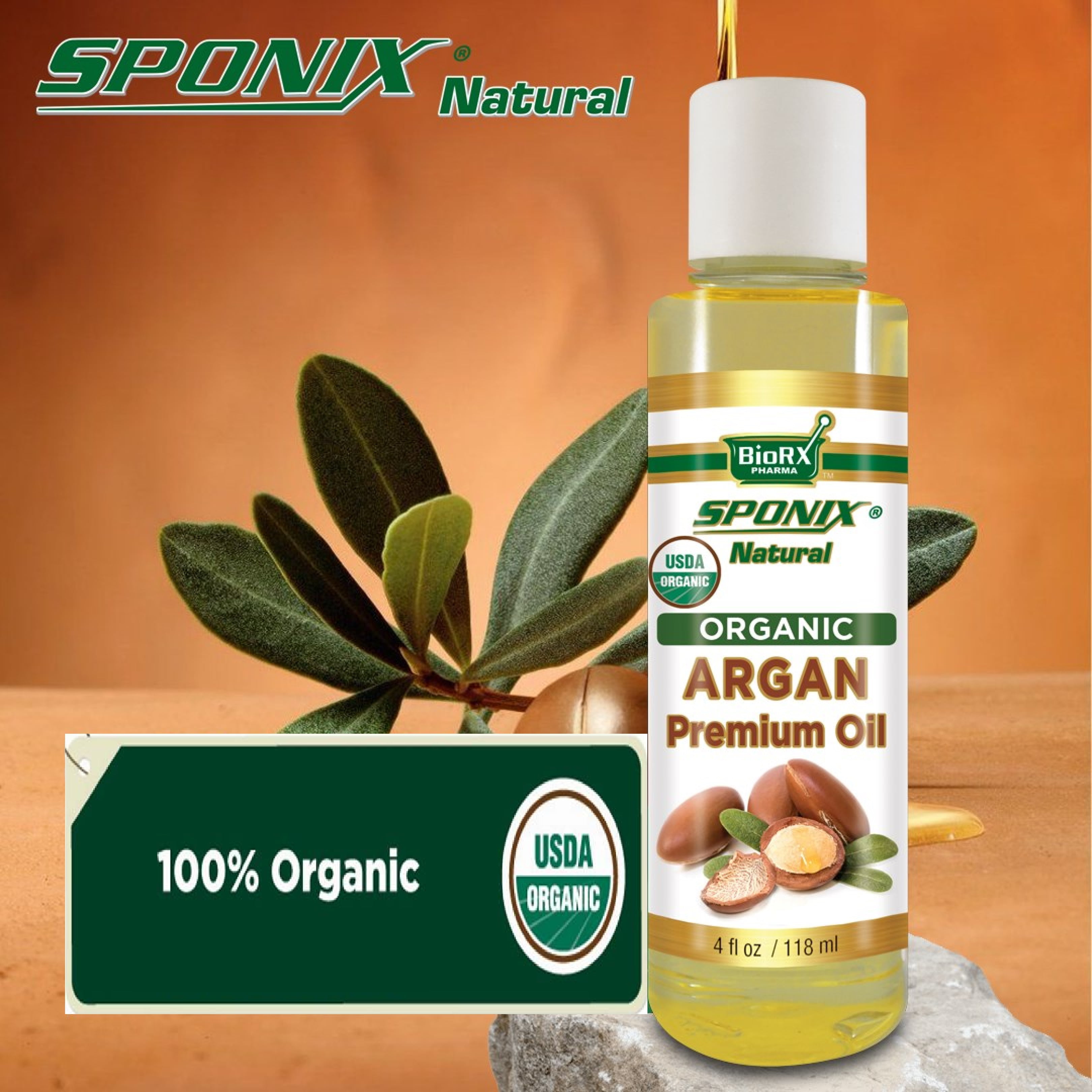 Argan Oil 4 Oz / 118 mL  - Carrier Oil - USDA Organic - Cold Pressed - 100% Pure Argan Oil for Skincare and Haircare by Sponix Made in USA (FAST SHIPPING)