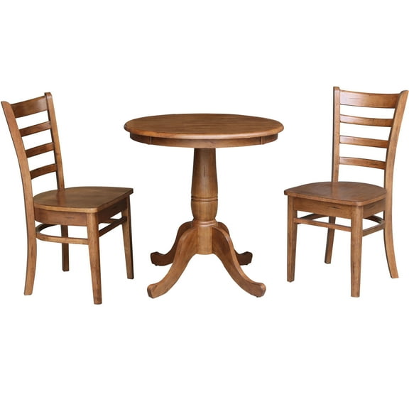 30'' Round Solid Wood Pedestal Dining Table with 2 Emily Ladder Back Dining Chairs in Distressed Oak