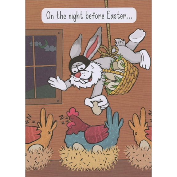 Designer Greetings Bunny Stealing Eggs While Suspended from Rope and Basket Funny / Humorous Easter Card