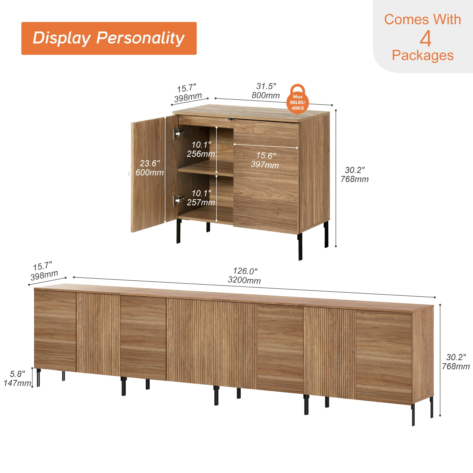 126" Wooden Fluted Sideboard with 8 Doors and Adjustable Shelves, 4-In-1 Modern Credenza Storage Cabinet for Kitchen, Dining Room
